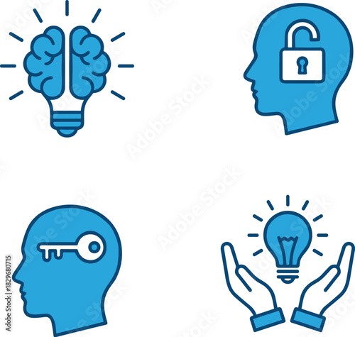 Collection of creative mind icons featuring brain lightbulb ideas, unlocked thinking concepts, mental key solutions, innovation symbols and knowledge inspiration