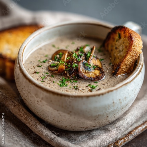 Creamy mushroom soup bowl with toast on a neutral cloth