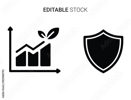 Beautiful silhouette vector of black icon set of growing chart with leaf and shield isolated on