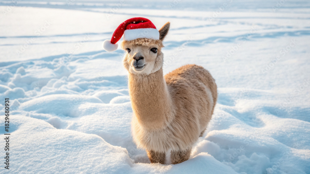 Obraz premium Christmas animal alpaca wearing red Santa hat standing on snowy field with joyful expression during winter holiday season