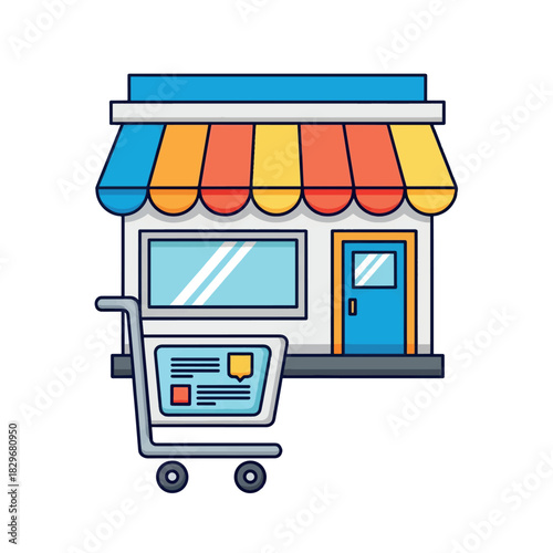 A colorful illustration of a small retail shop with a striped awning and a shopping cart in front, representing e-commerce or local business.