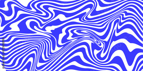 Art & IllustrationBlue wavy lines abstract background. Trendy psychedelic retro style backdrop. Waves, swirl and twirl pattern. Twisted distorted vector texture. Y2k aesthetic design