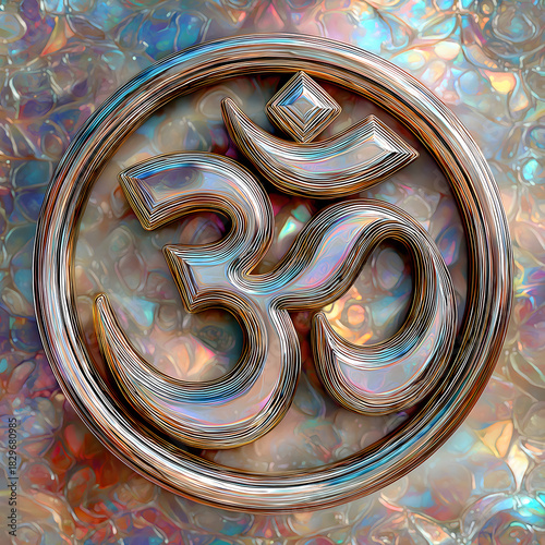 Om symbol in metallic gold effect, featuring an iridescent surface and a detailed embossed texture on a vibrant background