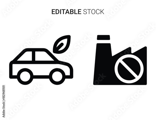 Beautiful silhouette vector of eco friendly car icon next to factory with pollution prohibition sign