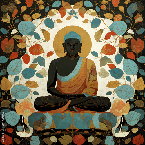 Buddha meditating surrounded by colorful bodhi leaves, representing enlightenment, spiritual growth, and wisdom in a decorative style