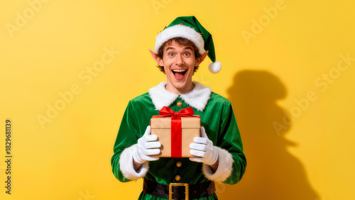 Joyful holiday elf holding a gift with a big smile in front of a bright yellow background during festive celebration time