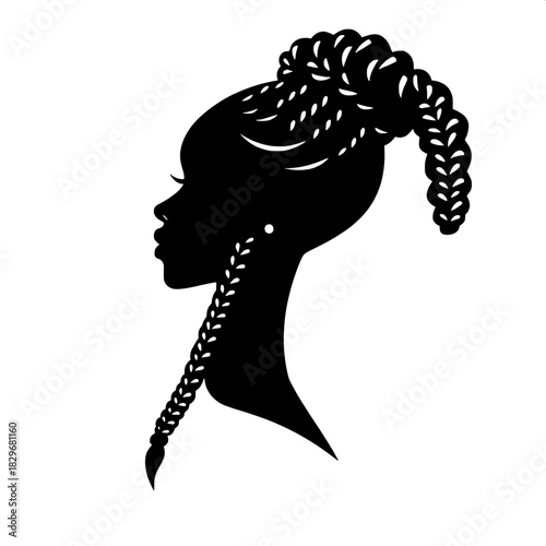 Logo-like illustration of a woman's profile in black silhouette with a long braided hairstyle that is highly emphasized, featuring clean and simple forms, set against a pure white background, strong g