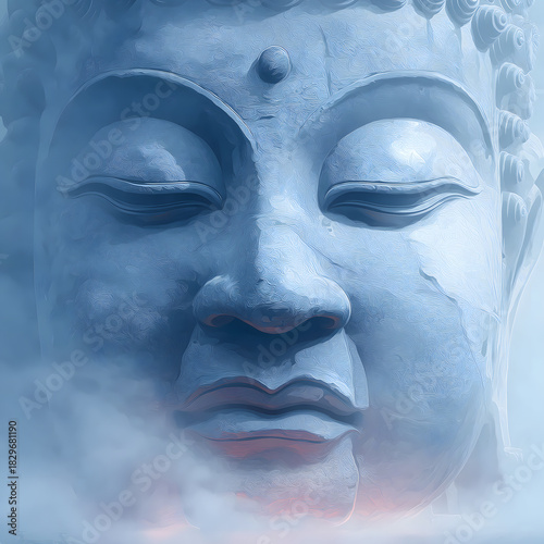 Buddha head statue emerging from serene fog. Symbolizing inner peace, spiritual contemplation, and tranquility