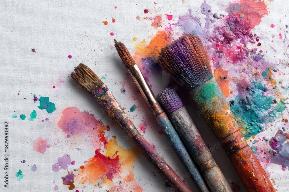 Fototapeta premium Colorful Flat Lay of Brushes and Watercolor Splashes on Canvas
