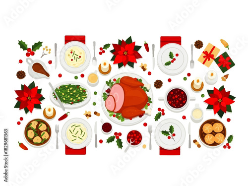 Overhead view of a festive Christmas dinner table setting with ham, side dishes, poinsettias, candles, and wrapped gifts, arranged on a white background.