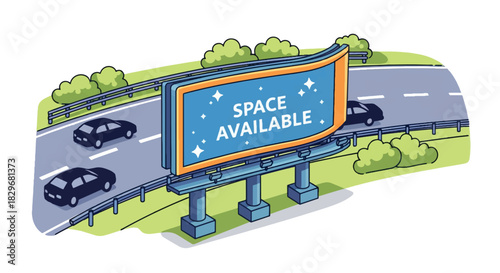 An illustration of a billboard with the words "SPACE AVAILABLE" beside a highway with cars.