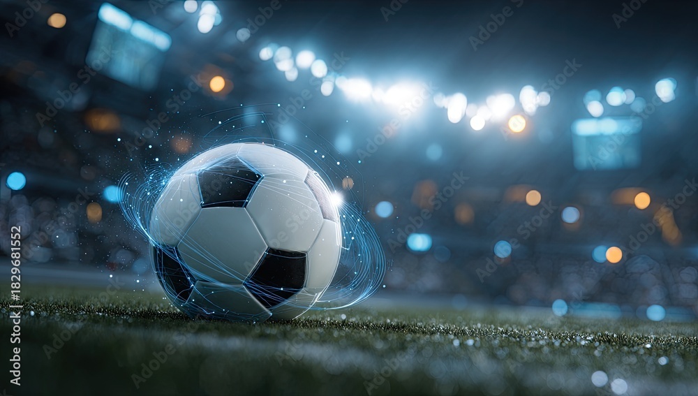 Fototapeta premium Soccer ball on green grass field in a stadium under bright lights, digital effects