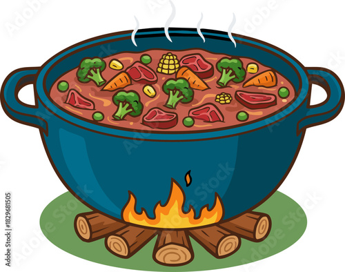 Vector illustration of food cooked in a cast iron pot over a wood fire.