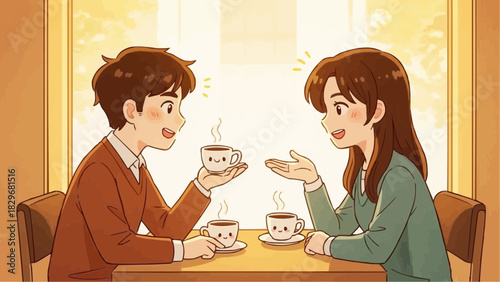 Two cartoon characters chatting at a café table, warm golden lighting, cute coffee cups, expressive gestures, soft outlines, pleasant and friendly atmosphere