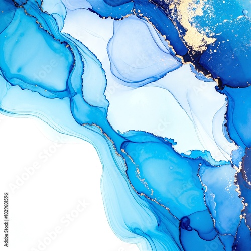 A mesmerizing fluid painting featuring vibrant shades of blue and shimmering gold, swirling together in an abstract design that evokes tranquility and elegance.