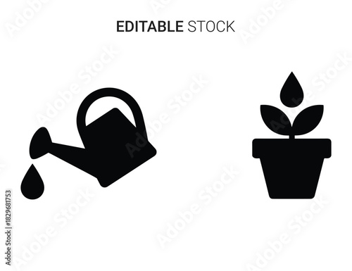 Beautiful silhouette vector of black silhouette icon set of watering can and potted plant isolated on