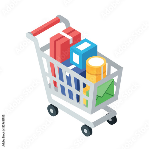 An isometric illustration of a silver shopping cart filled with various colorful product boxes and items, depicting retail and commerce.
