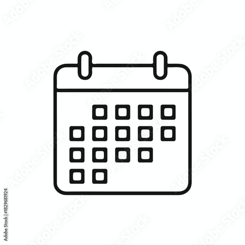 Minimalist Calendar Icon – Black Line Drawing of Square Date Grid with Binding Rings on White Background
