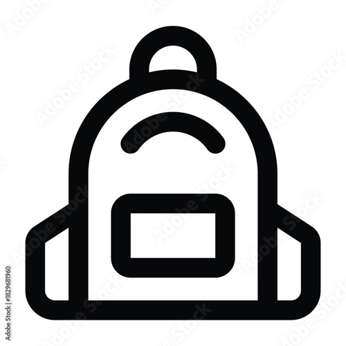 Minimal black line backpack with simple structure, perfect for school materials, student themes, travel, and learning visuals on light backgrounds.