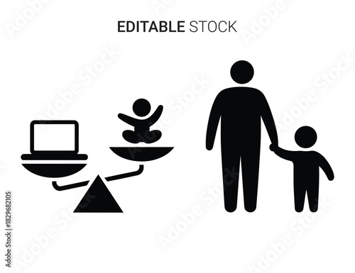 Beautiful silhouette vector of father and child standing next to a balance scale with laptop and baby