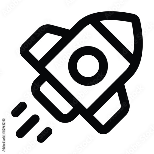 Thin line rocket in upward motion, ideal for startup themes, progress visuals, science, innovation, and growth.