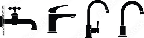 Collection of modern and traditional faucet silhouettes with water tap icons, plumbing fixture symbols, kitchen and bathroom sink mixer designs