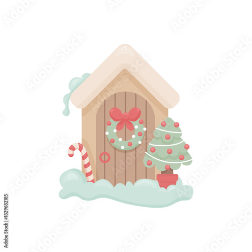 Hand-drawn cozy winter scene with a wooden house, snow-covered roof, festive wreath on the door, candy cane, and decorated Christmas tree in a pot. Soft pastel palette, perfect for seasonal clipart