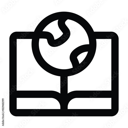 Thin line illustration of an open book with a globe, ideal for education, geography lessons, learning materials, and academic content.
