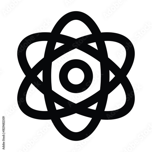 Thin line atom symbol with central nucleus, great for science topics, labs, education, chemistry, physics, and research visuals.
