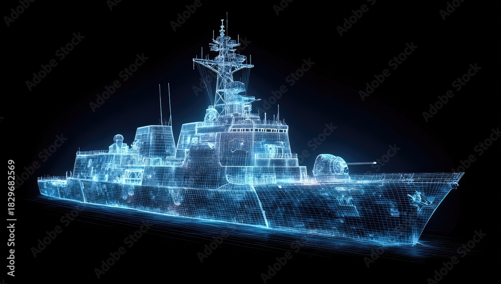 Fototapeta premium Blue glowing wireframe projection of a modern warship against a dark background