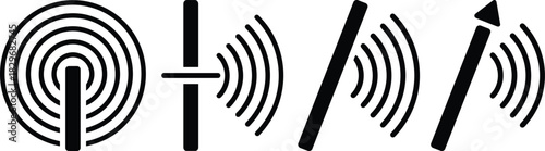 Wireless signal transmission icons with waves, antenna communication symbols, broadcast frequency lines, connectivity indicators for network technology and communication systems