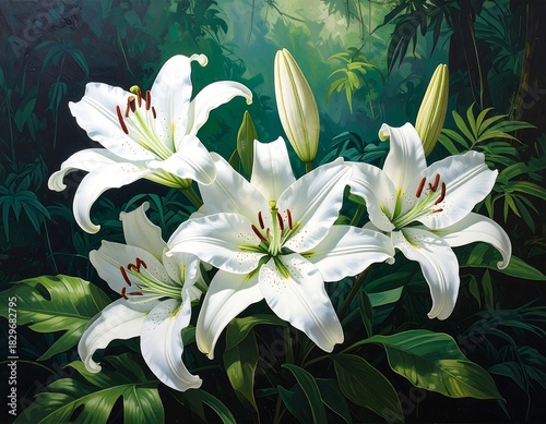 White lilies in a lush, verdant jungle, creating contrast between delicate blossoms and dense foliage