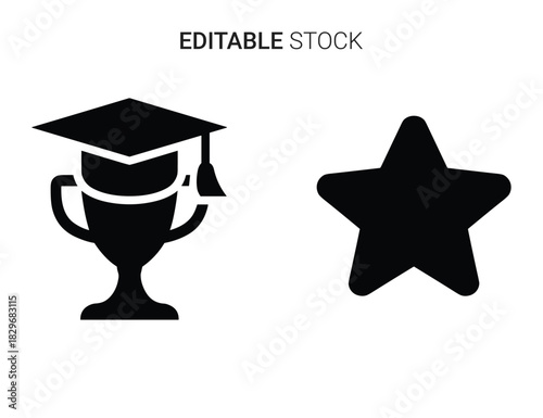 Beautiful silhouette vector of black silhouette icon set of graduation cap trophy and star isolated on