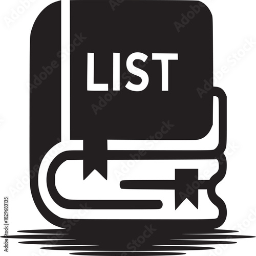 A black and white graphic of a list book with two bookmarks on a white gradient background
