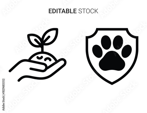 Beautiful silhouette vector of line icon set of hand holding seedling and paw print shield isolated on