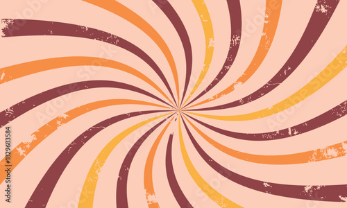 Retro swirl background with distressed texture in vibrant orange, yellow, and red rays inspired by vintage 70s design