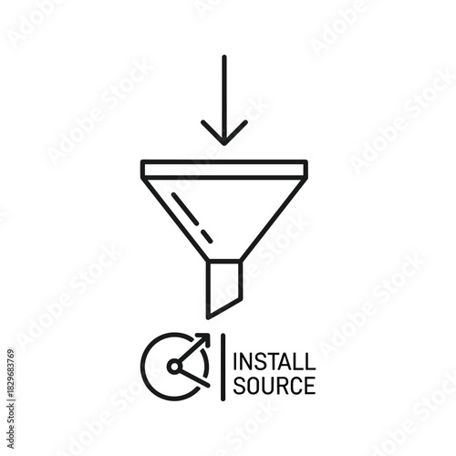 Funnel icon with downward arrow and install source text, representing data input, isolated on white background