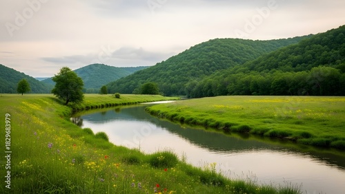 Fototapeta Naklejka Na Ścianę i Meble -  Scenic river flowing through a lush green valley on a summer day
