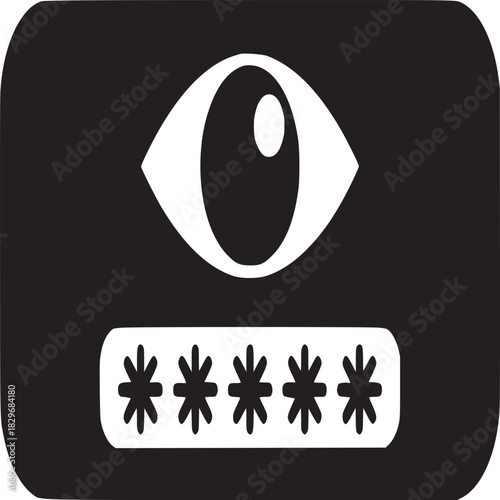 A black rectangle with a white eye symbol above a row of asterisk symbols on a white background