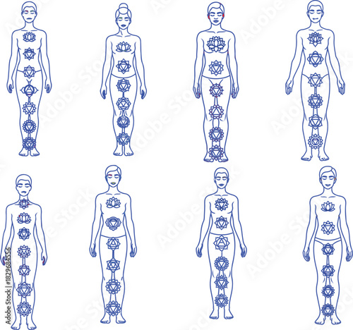 Human Figures With Blue Chakra Symbols body outline