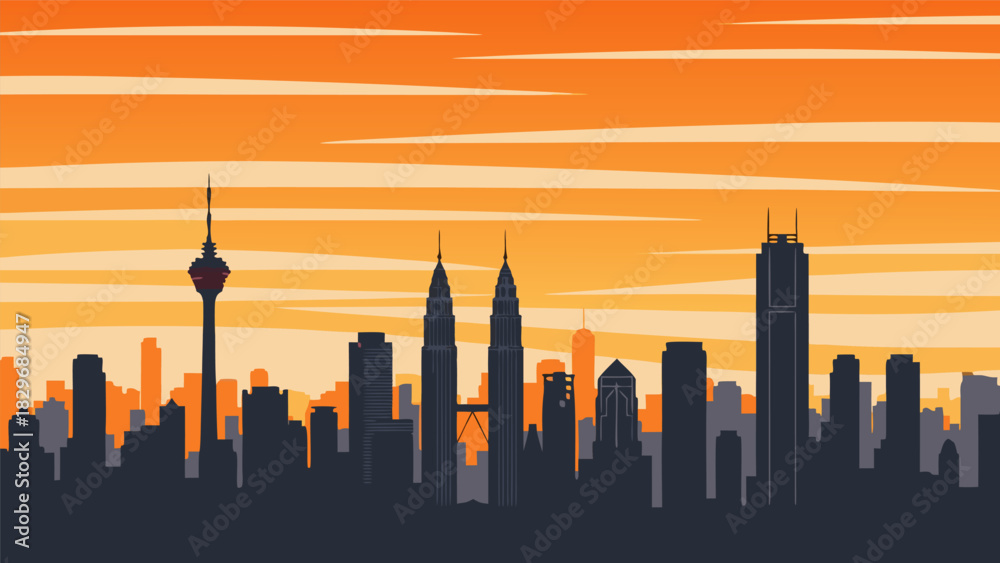 Fototapeta premium Malaysia's Skyline Vector Silhouette of Kuala Lumpur's Iconic Skyscrapers and Sunset Sky