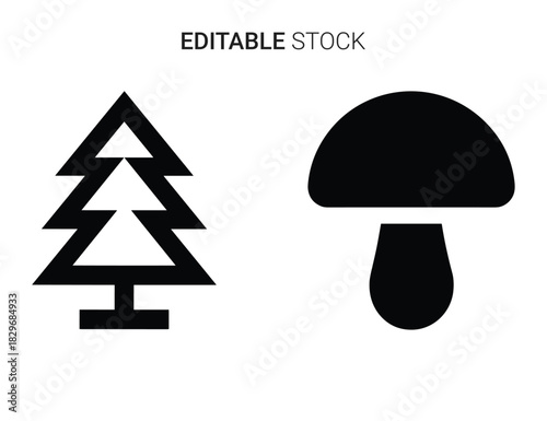 Beautiful silhouette vector of set of two simple black icons a stylized tree and a mushroom