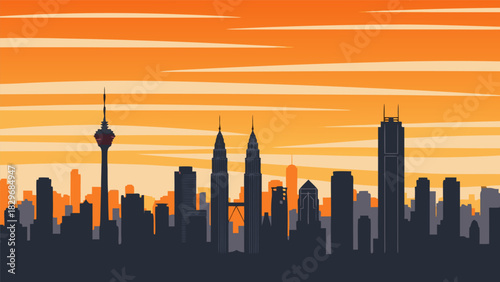 Malaysia's Skyline Vector Silhouette of Kuala Lumpur's Iconic Skyscrapers and Sunset Sky