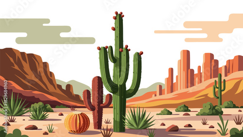 Desert Landscape with Cacti and Red Rock Formations Illustration