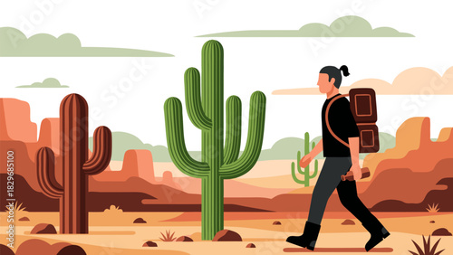 A person walks through a stylized desert scene, featuring vibrant saguaro cacti and rolling mesas, illustrating a journey of exploration and adventure across an expansive, arid landscape