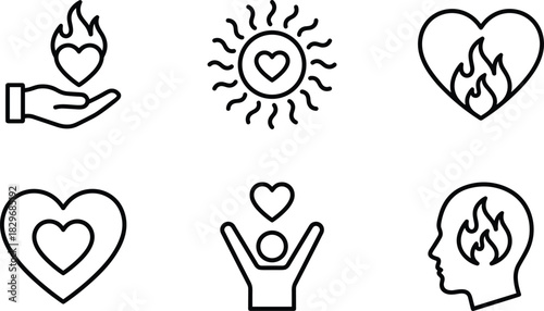 Inspirational heart and flame icon set representing passion, love, motivation, mental energy, emotional warmth, and positive human connection in line art style