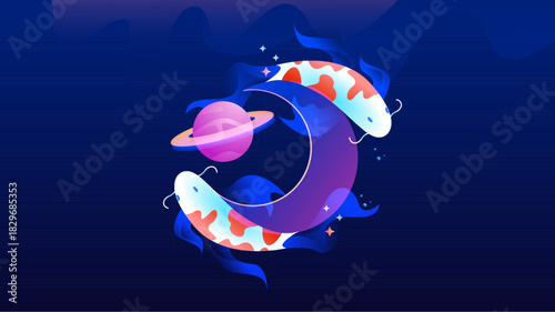 Aquatic Harmony Koi Fish, Crescent Moon, and Planet Illustration in Dreamy Blue
