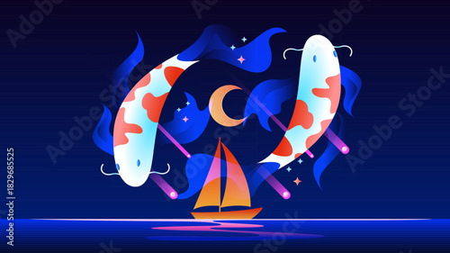 Mystical Night Koi Fish, Crescent Moon, and Sailing Boat Silhouette, A Celestial Dreamscape Illustration