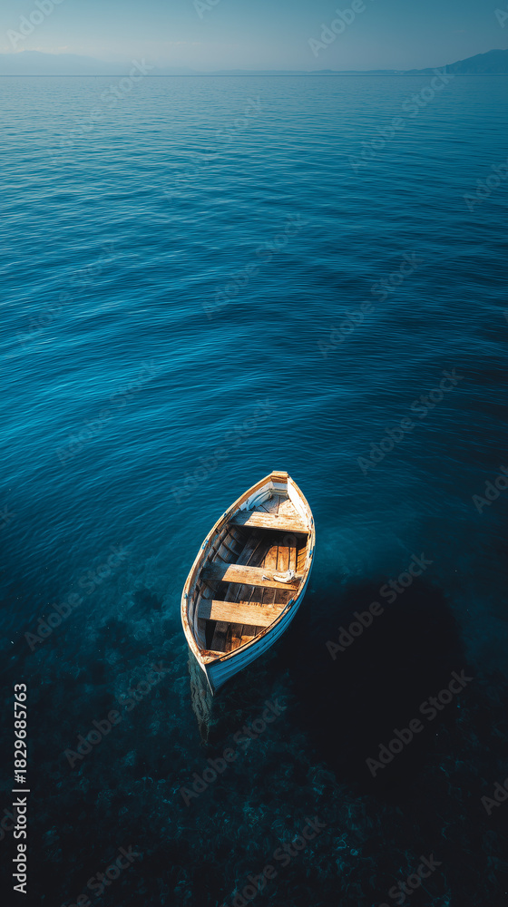 Obraz premium Single boat vast blue ocean