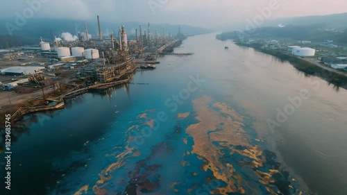 Aerial View Of Industrial Complex On Riverbank With Oil Spill Contamination And Seagulls Swimming